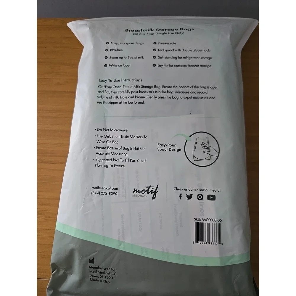 Motif Medical Breast Milk Storage Bags 8oz Single Use Bags 100 count BPA-FreeNEW